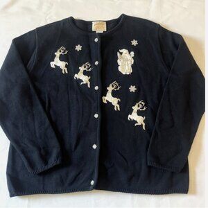 TIA DESIGNS Vintage Black Silver Embroidered Santa Reindeer Cardigan Sweater L